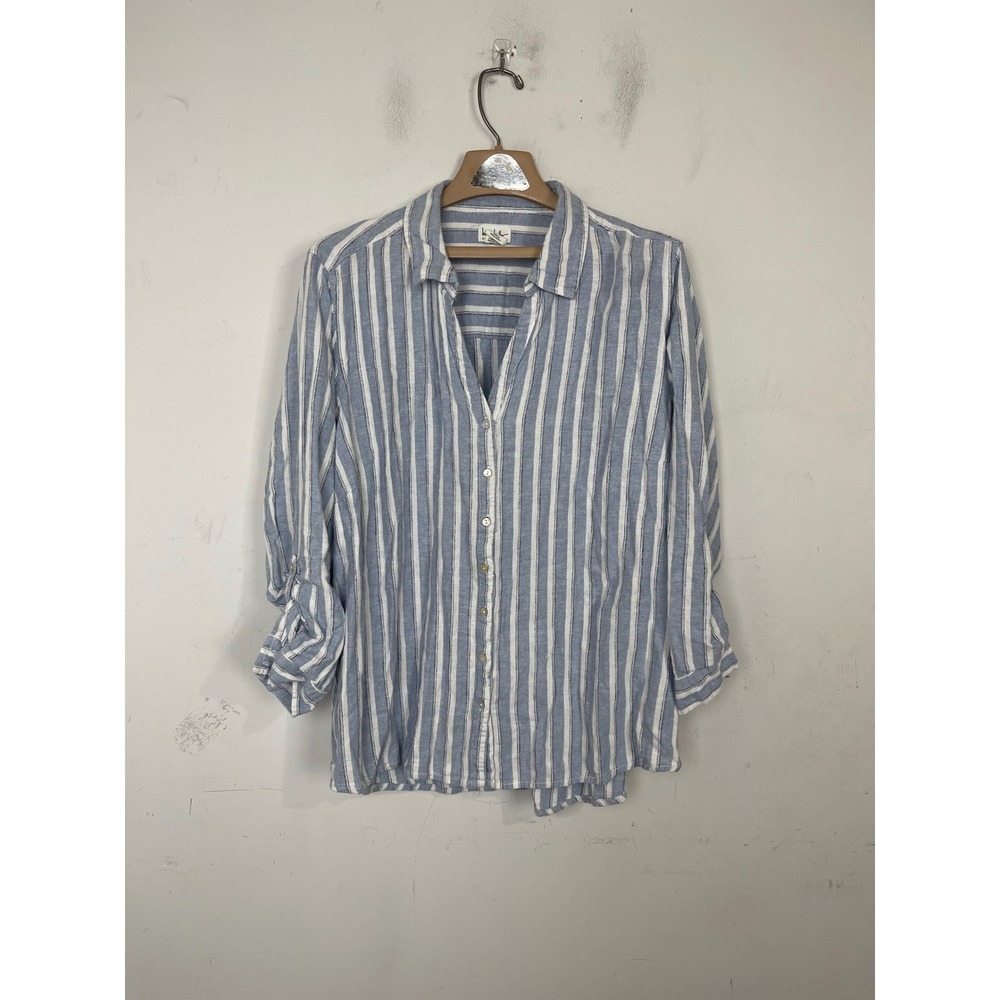 Nicole Miller NY Blue White Striped Linen Blend Roll Tab Sleeve Shirt Plus 3X